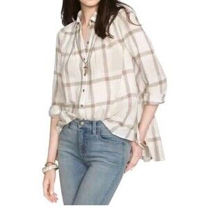 Free People Peppy In Plaid Size M Button Neutral Tan Beige Cotton